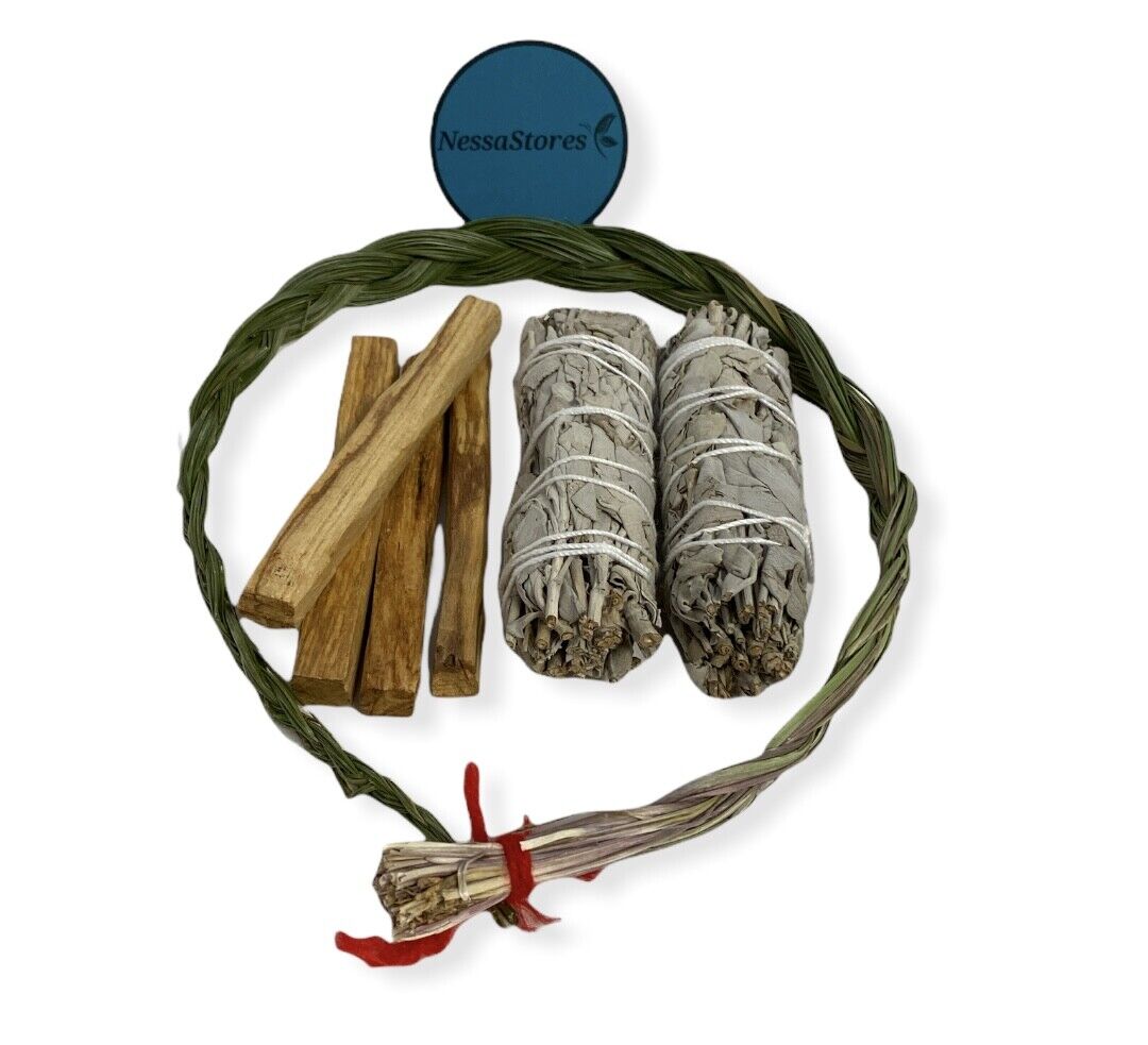 NessaStores Sweetgrass Braid Smudge Kit + Sage + Palo Santo #JC-222 (10 Kits)