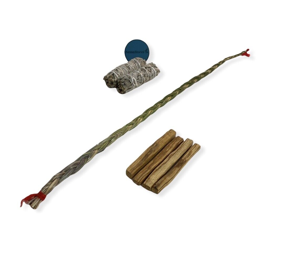 NessaStores Sweetgrass Braid Smudge Kit + Sage + Palo Santo #JC-222 (10 Kits)