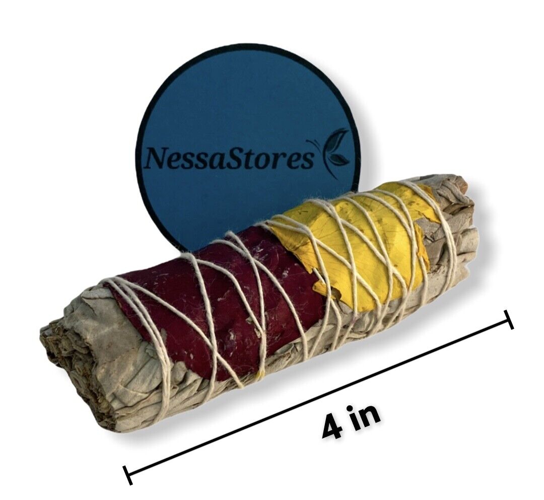 White Sage + Rose Petals 2 Colors (Red + Yellow) Smudge 4" Bundle#JC-189(12 pcs)