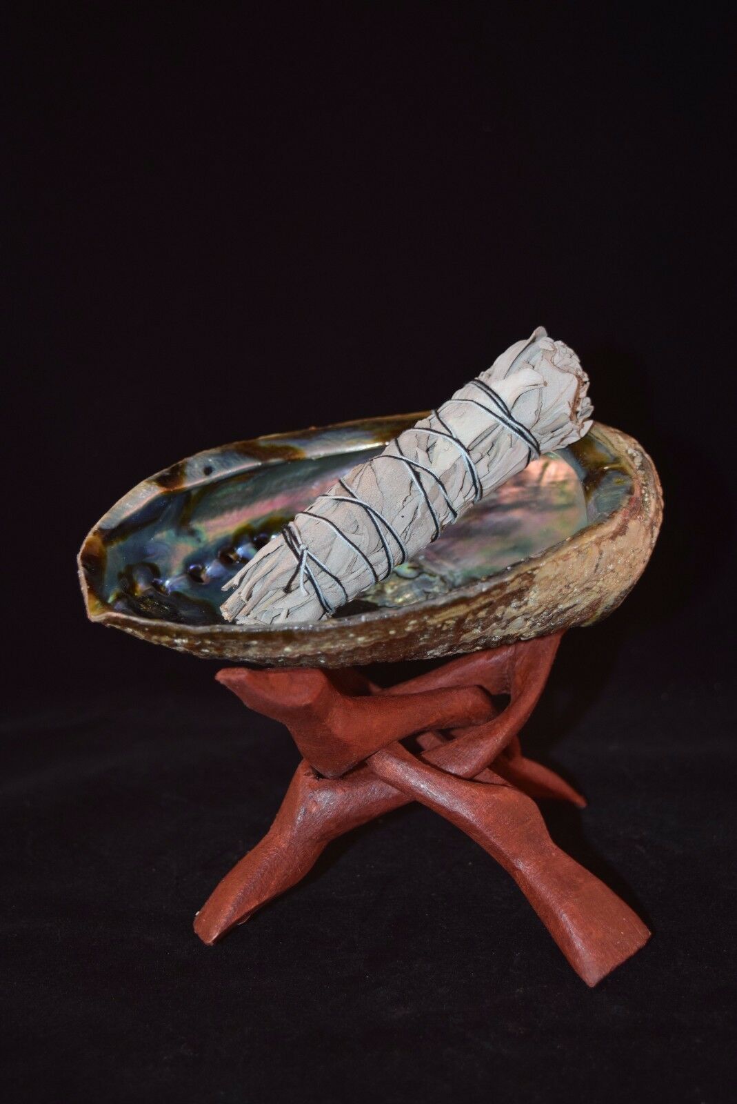 California White Sage 4" - 41/2" + Wood Stand 6" & Abalone Shell 6" - 7" (1 Kit)