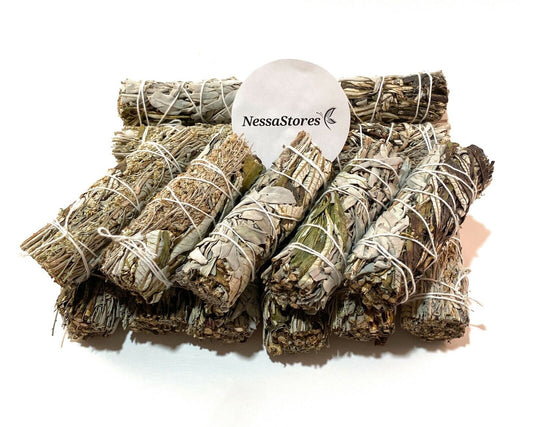 NessaStores White Sage + Yerba + Blue Sage Smudge Stick 4" Bundle(3 pcs) #JC-168