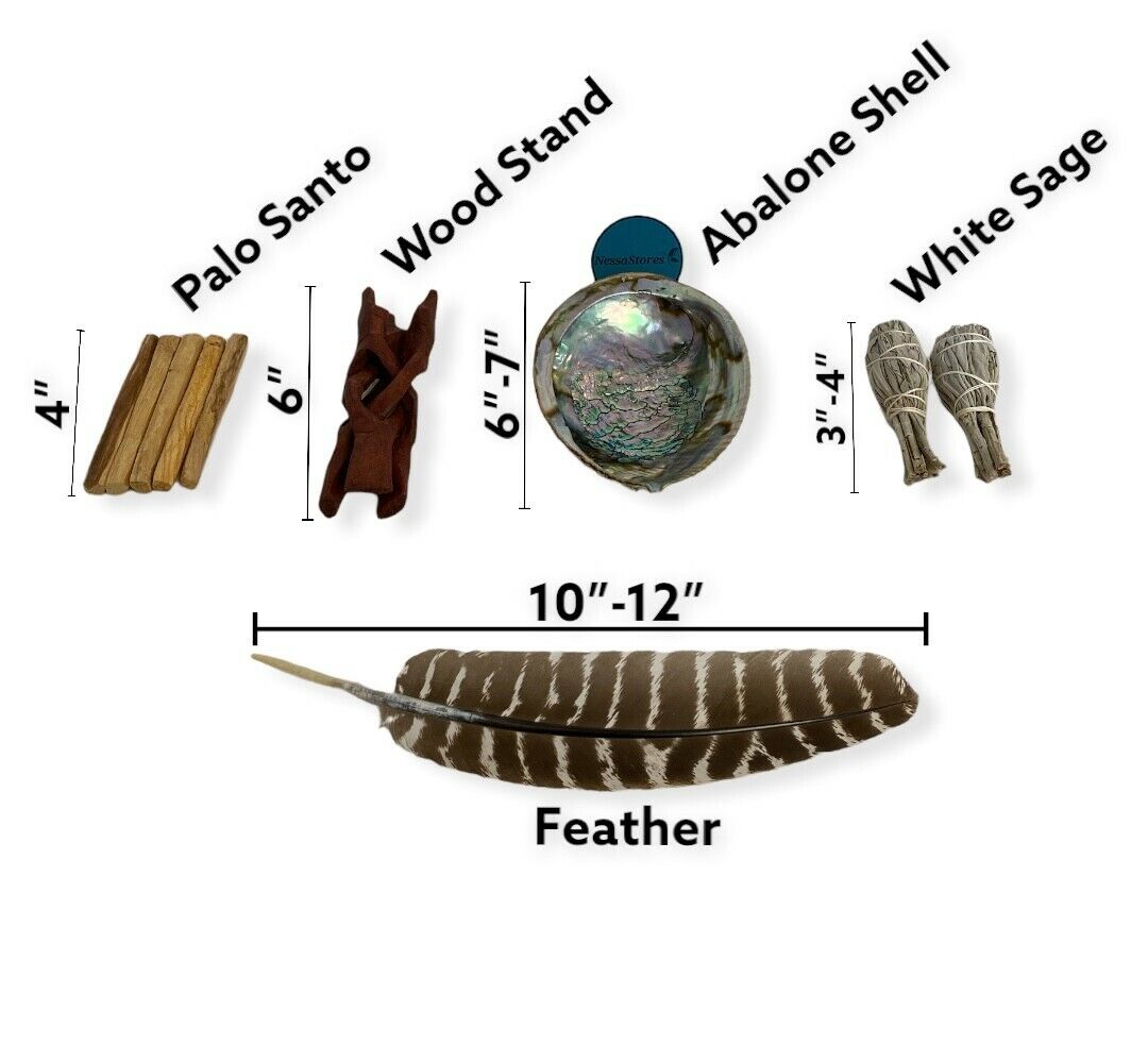 Feather Smudge Kit - Shell + Stand + Sage + Palo + Feather (5 Kits) #JC-228