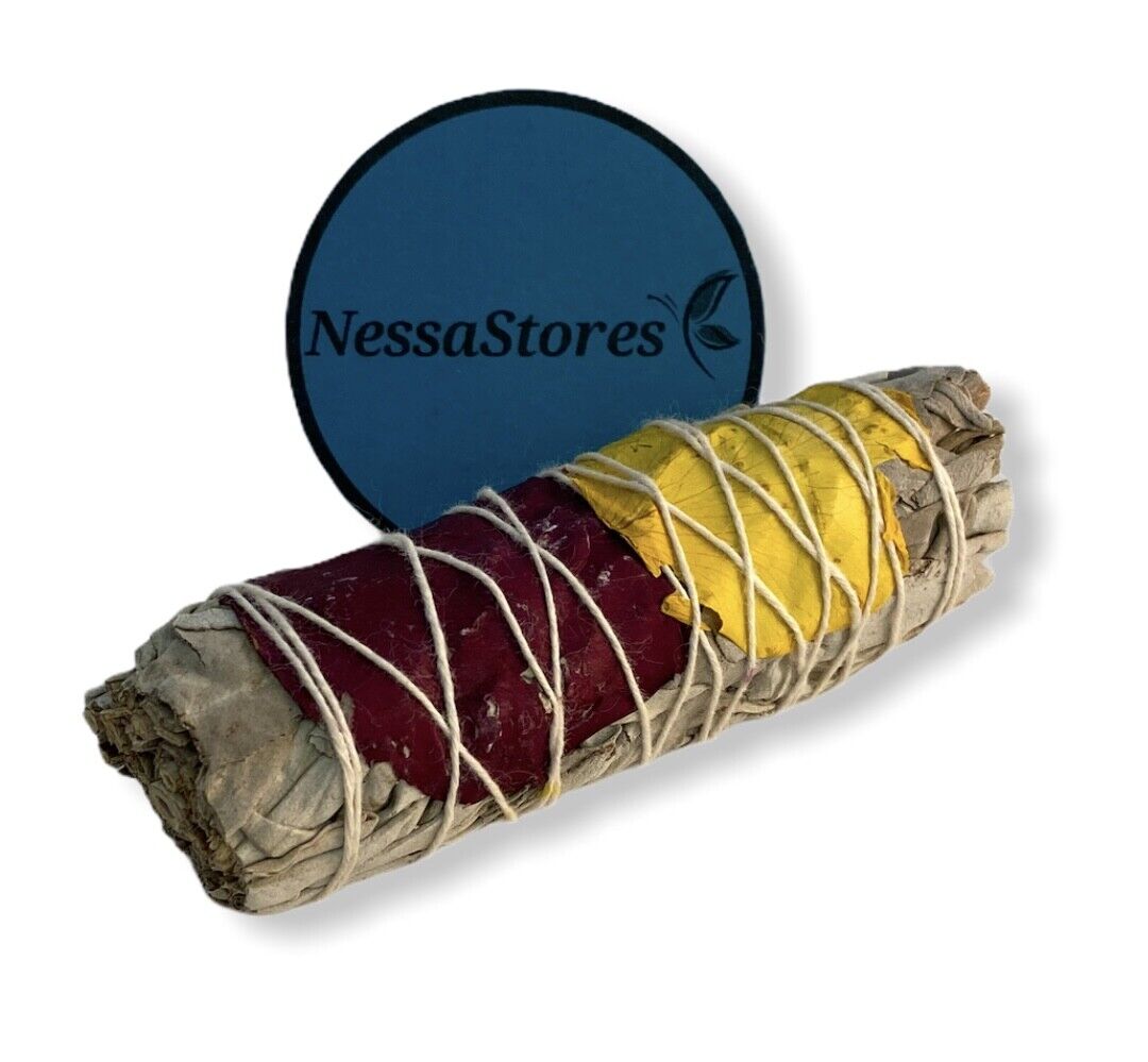 White Sage + Rose Petals 2 Colors (Red + Yellow) Smudge 4" Bundle #JC-189 (1 pc)