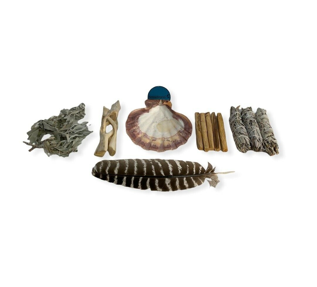 Natural Smudge Kit - Shell + Stand + Sages x2 + Palo + Feather (3 Kits) #JC-229