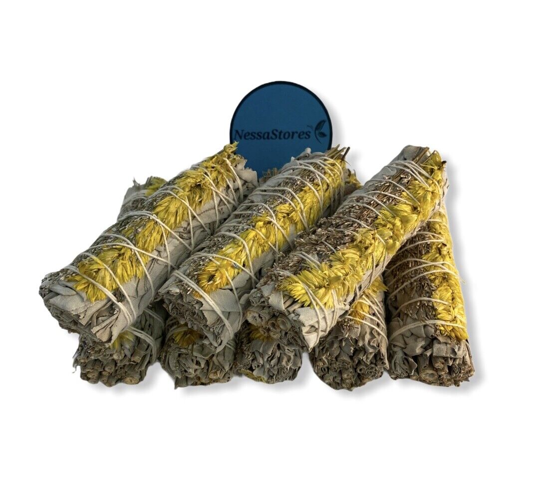 NESSASTORES - White Sage + Yellow Flower Smudge Incense 4" Bundle #JC-197(3 pcs)