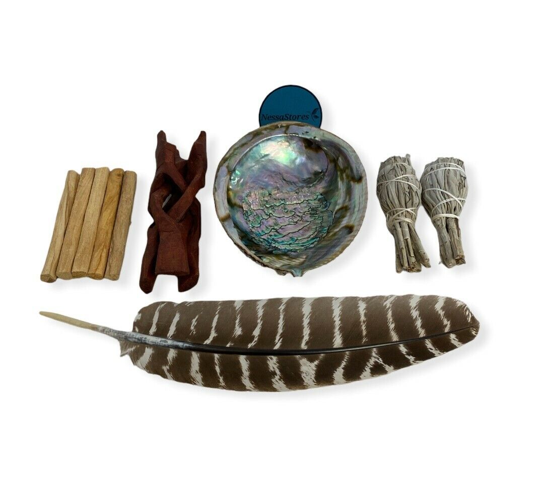 Feather Smudge Kit - Shell + Stand + Sage + Palo + Feather (8 Kits) #JC-228