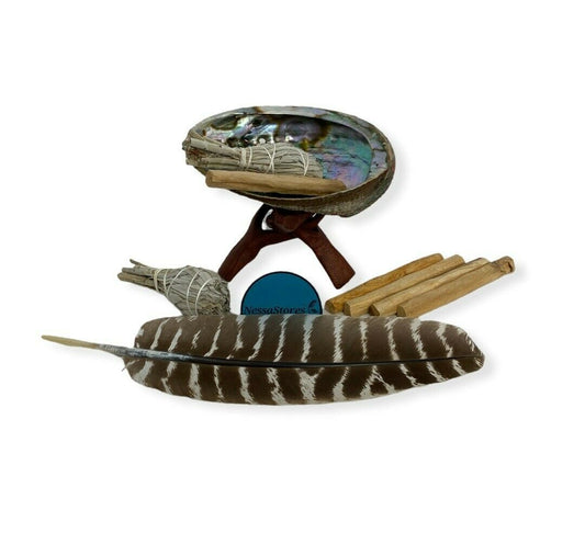 Feather Smudge Kit - Shell + Stand + Sage + Palo + Feather (1 Kit) #JC-228