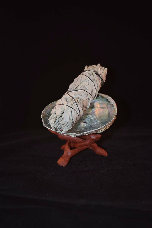 NessaStores CA White Sage 5" - 6" + Wood Stand 4" & Abalone Shell 4" - 5"(1 Kit)